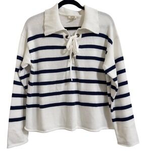 ANA A New Approach Women's Striped Lace Up Navy Collared Pullover Sweater Size M